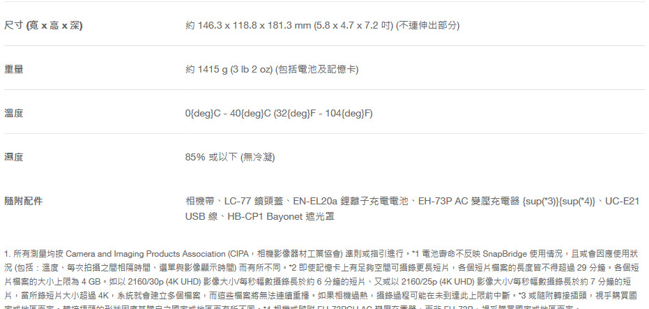 尺寸(寬x高x深)約 146.3 x 118.8 x 181.3 mm (5.8 x 4.7x7.2)(不伸出部分)溫度濕度約 1415 g (3  2 oz) (包括電池及記憶卡)deg}C - 40{deg}C (32{deg}F-104{deg}F)85% 或以下 (無冷凝)隨附配件相機帶LC-77 鏡頭蓋EN-EL20a 離子充電電池、EH-73P AC 變壓充電器 {sup(*3)}{sup(*4)}、UC-E21USB 線、HB-CP1 Bayonet 遮光罩1. 所有測量均按 Camera and Imaging Products Association (CIPA相機影像器材工業協會)準則或指引進行*1 電池壽命不反映 SnapBridge 使用情況,且或會因應使用狀況 (包括:溫度、每次拍攝之間相隔時間,與影像顯示時間)而有所不同。*2 即使記憶卡上有足夠空間可攝錄更長短片,各個短片檔案的長度皆不得超過29 分鐘。各個短片檔案的上限為4GB。如以216030p (4K UHD) 影像大小每秒幅數攝錄長於約6分鐘的短片、又或以2160/25p (4K UHD) 影像大小/每秒幅數攝錄長於約7分鐘的短片,當所錄短片大小超過4K,系統就會建立多個檔案,而這些檔案將無法連續。如果相機過熱,攝錄過程可能在未到達此上限前中斷。*3 或隨附轉接插頭,視乎購買國