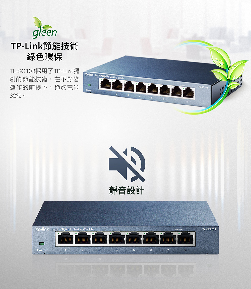 TPLink節能技術綠色環保TLSG10採用了TP-Link獨創的節能技術,在不影響運作的前提下,節約電能82% -link    靜音設計tp-link 8-port Gigabit Desktop SwitchPowerTL-LinkActTL-SG108
