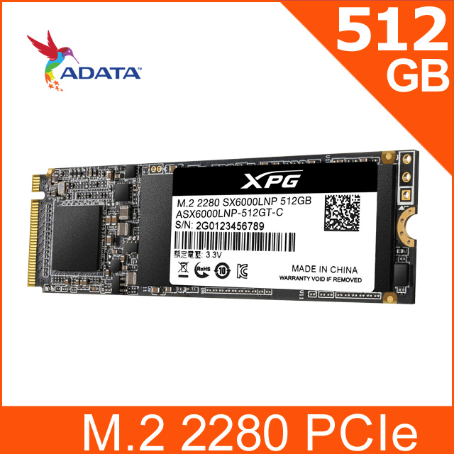 ADATA威剛XPG SX6000 Lite 512GB M.2 2280 PCIe SSD固態硬碟(送散熱片